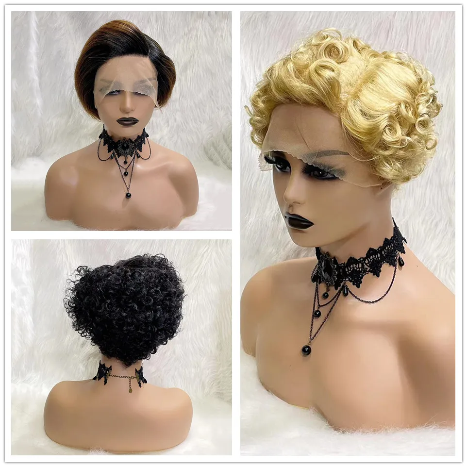 

Short Curly Bob Lace Wigs Honey Blonde Ginger Human Hair Lace Frontal Pixie Wig Ombre Wave Remy Brazilian Hair For Black Women