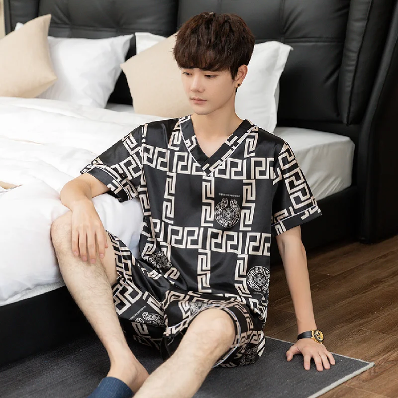 Designer Men's Pajamas Summer Pijama Ice Silk Thin Short Sleeve Sleepwear Simulation Silk Casual Homewear Cartoon Plus Size Sets