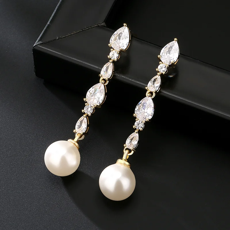 

JUNZI New Fashion Silver Color Imitation Pearl Zirconia Dangle Drop Earrings for Women Elegant Charm Bridal Wedding Jewelry Gift