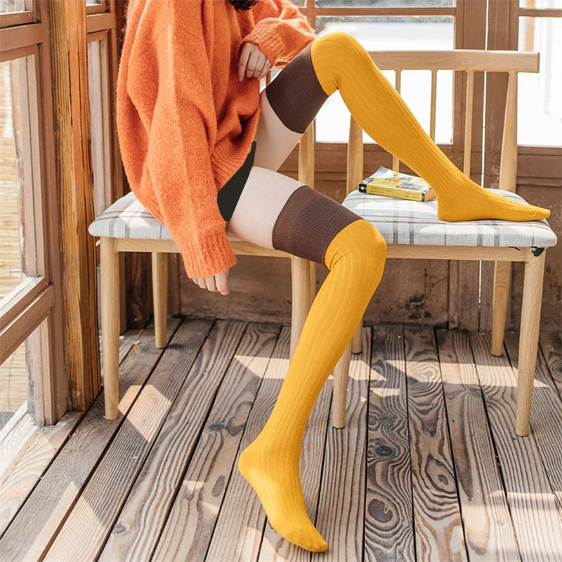 

Women Over Knee Socks Fashion Female Sexy Stockings Warm Long Boot Knit Thigh-High Contrast Color Black Brown Blue Yellow