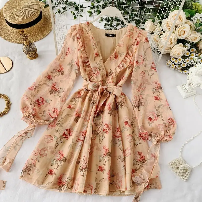 FTLZZ Spring Autumn Sweet Women V-neck Puff Sleeve Mini Dress Casual Floral Print Dress Ruffled Sash Tie Up Beach Dress