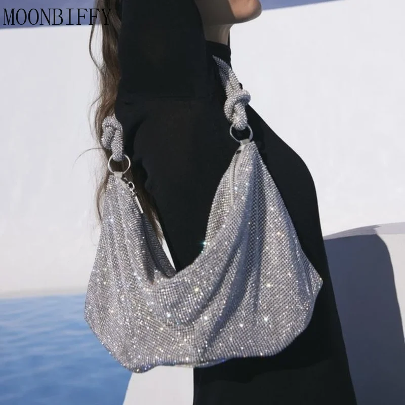 

Handmade Evening Clutch Bag Rhinestones Silver Shiny Crystal Wedding Purses and Handbag Luxury Diamonds Shoulder Bag Purse