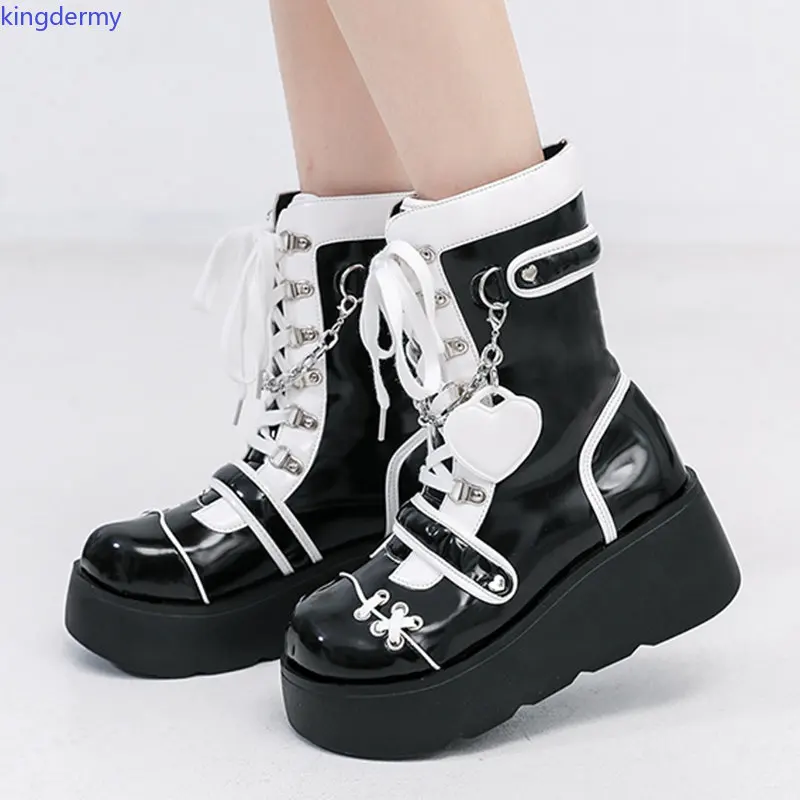 

Womens Punk Chunky Motorcycle Boots Mixed Color Thick Bottom Gothic Shoes Woman Autumn Winter Platform Ankle Botas Mujer Boot