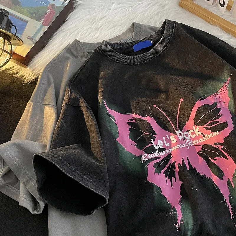 Vintage American Style T-shirt Men's Distressed Heavy Short Sleeve Cotton Tvintage Half Clothing Trendy Brand