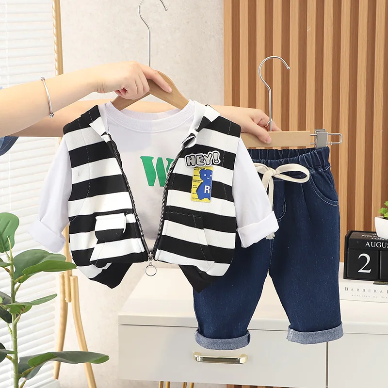 

Spring Autumn New Baby Boys Clothes Sets Fashion Kids Letter Hooded Zipper Vest+T-shirt+Pants 3pcs/sets Toddler Casual Clothing