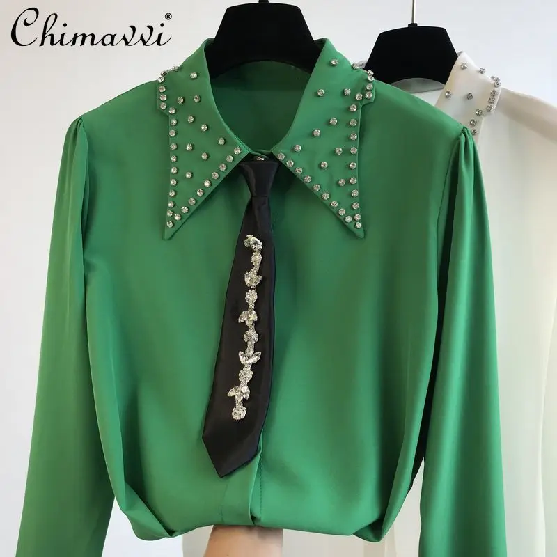 

2022 Spring Clothes New Fashion Black Tie Shirt for Women Heavy Beads Loose Slimming Temperament Blouse Feminine All-Matching