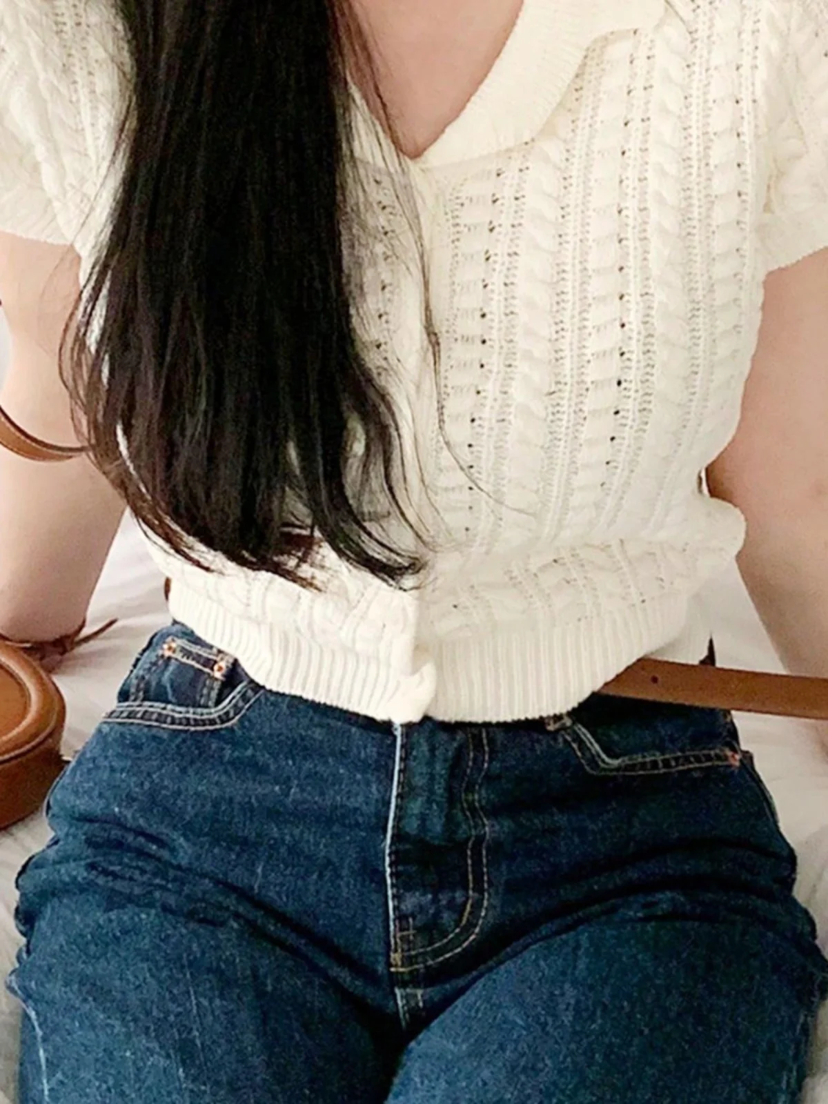 Корейская серия шикарная вязаная футболка с короткими рукавами и лацканами