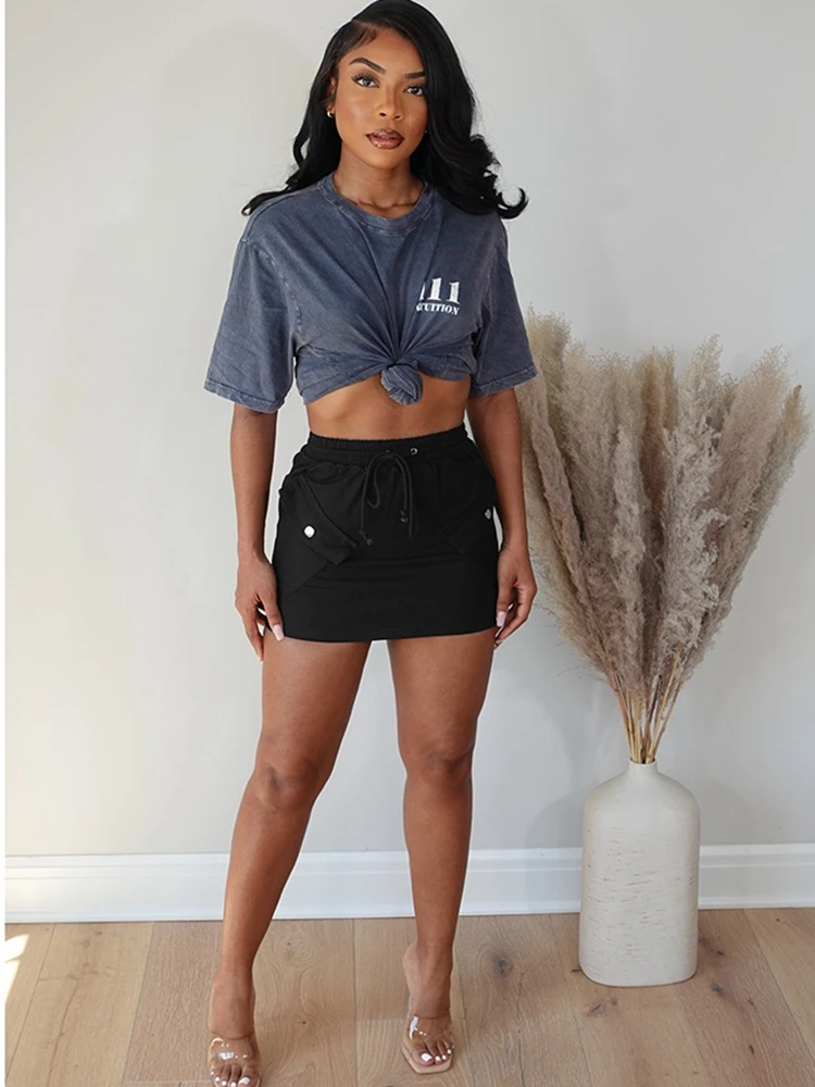 

HAOYUAN Drawstring High Waist Short Cargo Skirt Women Y2k Festival Outfits Sport Bodycon Pencil Micro Mini Skirts with Pocket