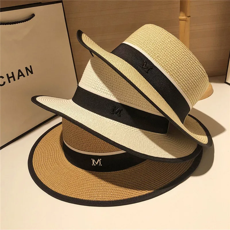 

Straw hat female British summer vintage flat top hat sea beach hat sunscreen topi outdoor sun hathigh quality hat pretty cool d