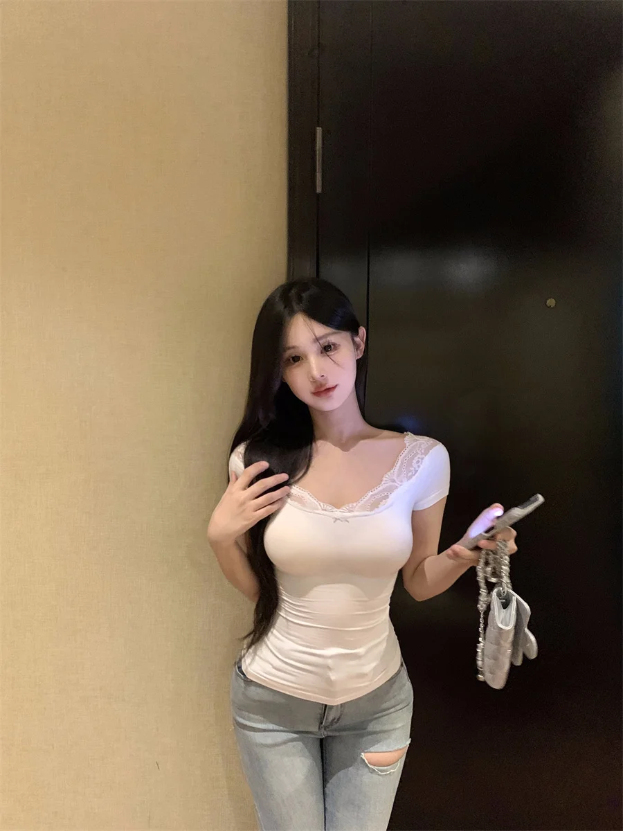 Женский кружевной облегающий Топ GAODINGLAN в стиле пэчворк с коротким рукавом летние