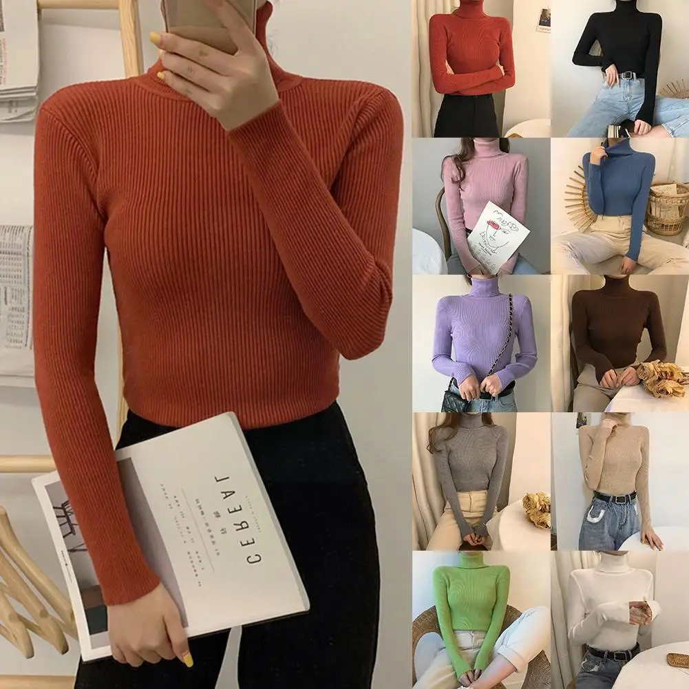 

Women Turtleneck Sweaters Autumn Spring Long Sleeve Elastic Basic Sweaters Slim Knitwear Color Pullover For Winter 2022 K8b0