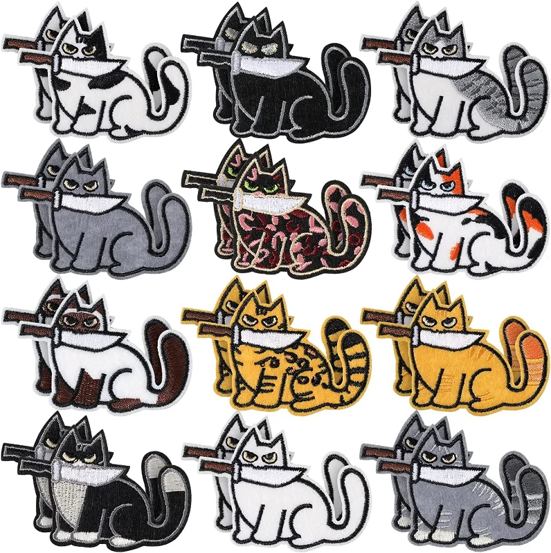 

2 Pcs/lot Cat Patch Cat Bite Knife Embroidered Patch Cat with Knife Iron on Patch for Jackets Clothes Bags DIY Decoration Repair