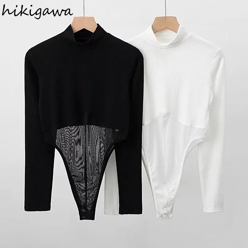 

Hikigawa Женская мода Корейская версия приталенный воротник стойка сексуальные Лоскутные сетчатые боди с длинным рукавом пуловер футболки топ...