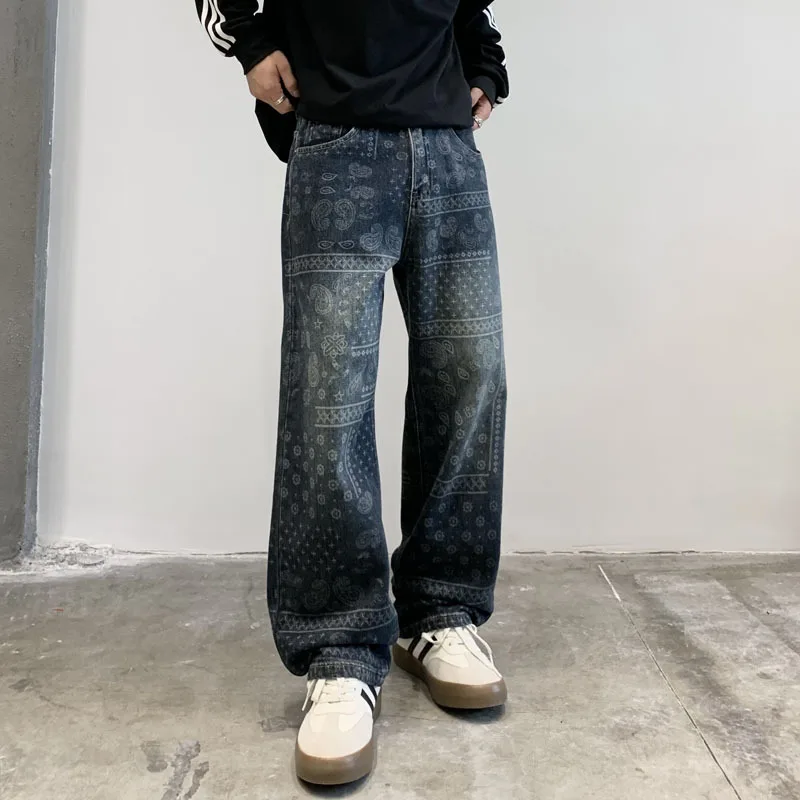 Джинсы с принтом пейсли мужские свободные прямые брюки 2024 осенняя уличная мода в