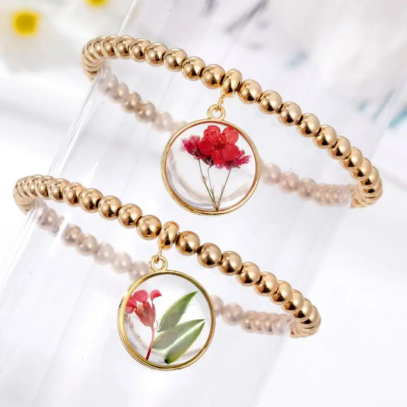 

Cute Beaded Bracelets With Flower Pendant Charm Bracelets Creative Colorful Pressed Dried Flower Bracelets Wholesale Jewelry