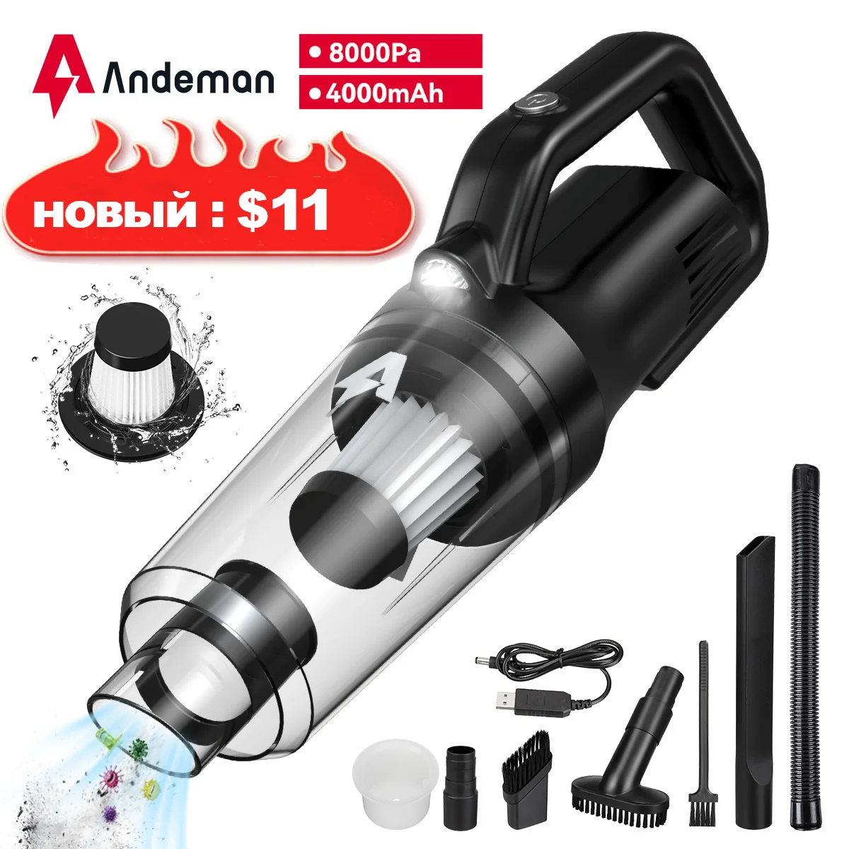 Andeman 8000Pa Портативный беспроводной пылесос 120 Вт Ручной всасывающий перезаряжаемый беспроводной для уборки дома в автомобиле