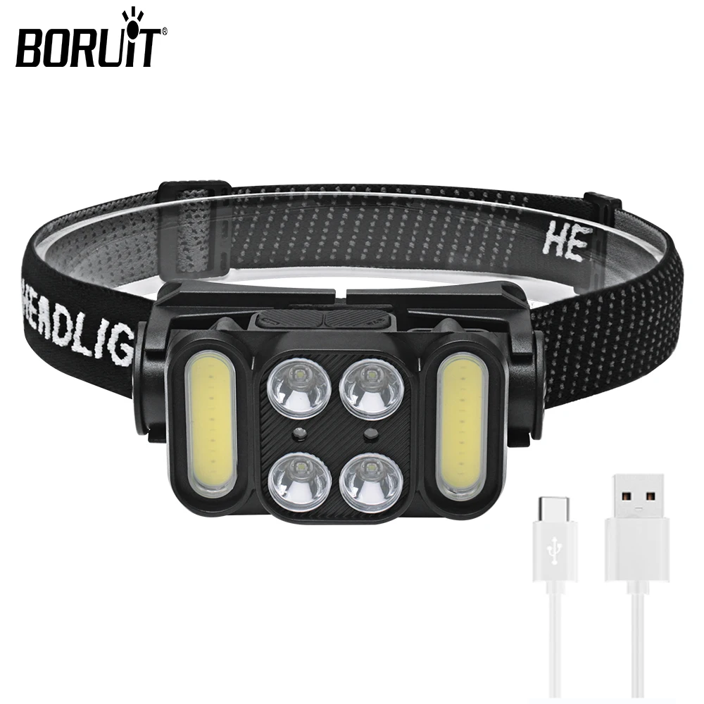 BORUiT LED Sensor Headlamp 18650 COB Headlight 6-light Mode Type-C Head Torch Rechargeable Waterproof Camping Light Hiking Lamp