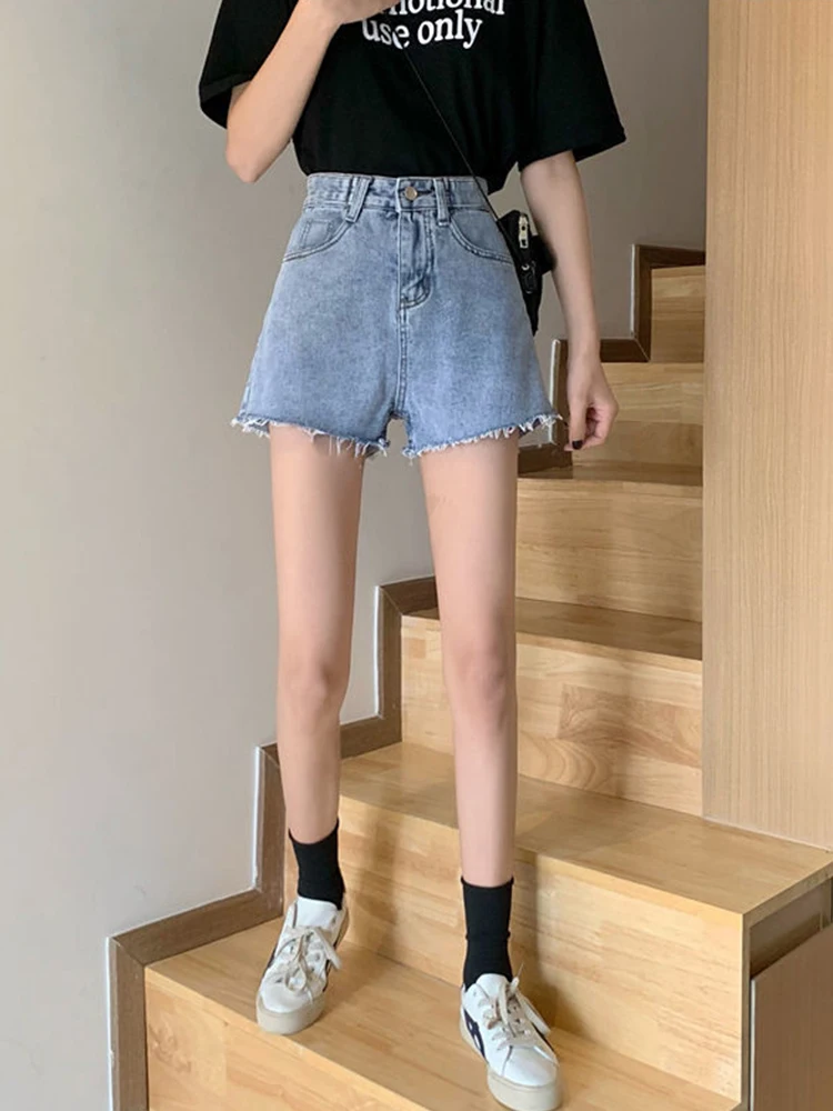 Streetwear Women High Waist Wide Leg Raw Hem Blue Denim Shorts Spring Summer Female Loose Jeans Shorts Bottoms