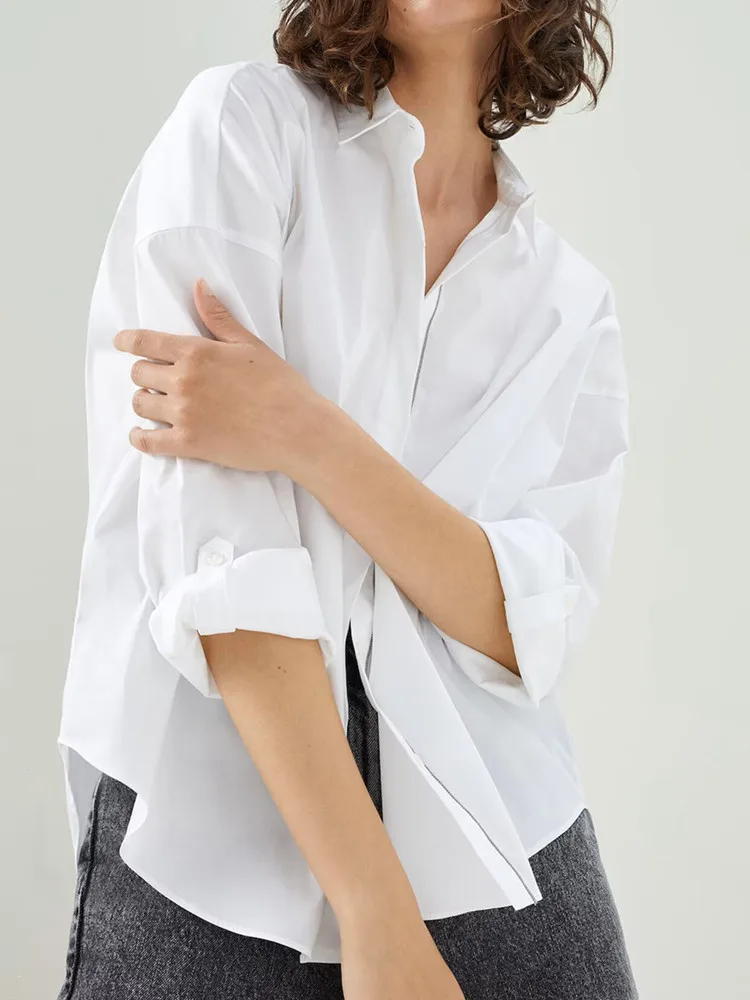 

Women Blouse Beading Chain Trim Covered Buttons Office Lady Shirt