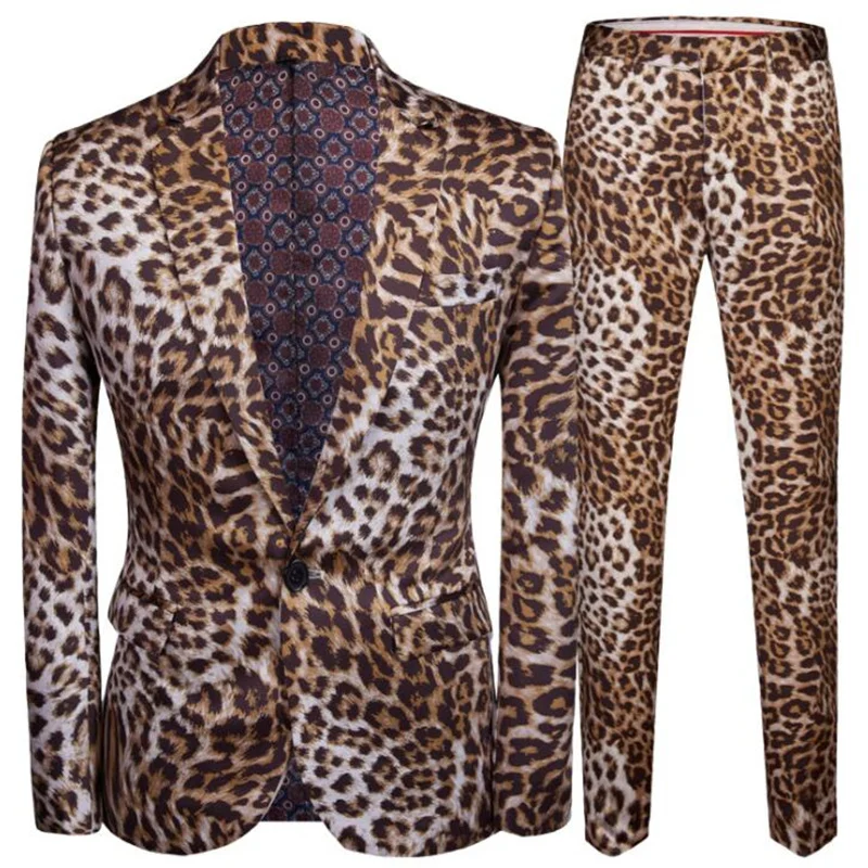 Leopard print Blazer men groom suit set with pants mens slim suits costard homme singer star style stage clothing formal dress