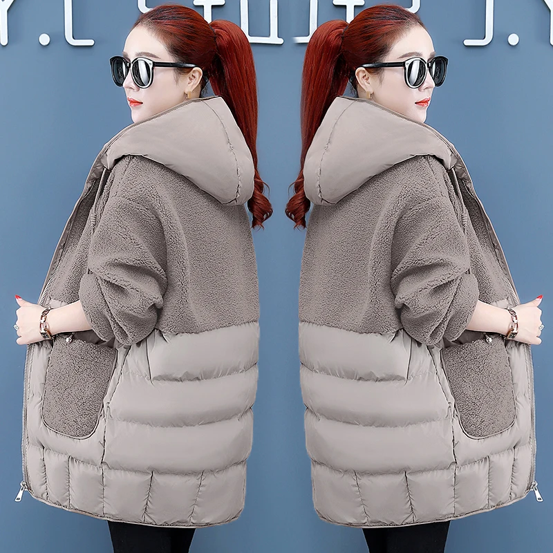 

Корейский стиль 2023, зимняя куртка с капюшоном, женская пуховая хлопковая свободная теплая верхняя одежда, пальто в стиле пэчворк, Женская Повседневная парка 3XL