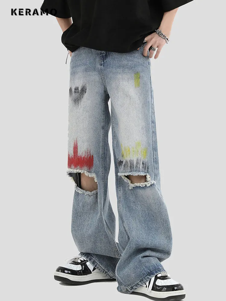 

2023 Summer Harajuku High Waist Vintage Y2K Blue Jeans Pants Streetwear Style Women's Wide Leg Baggy Ripped Denim Trouser