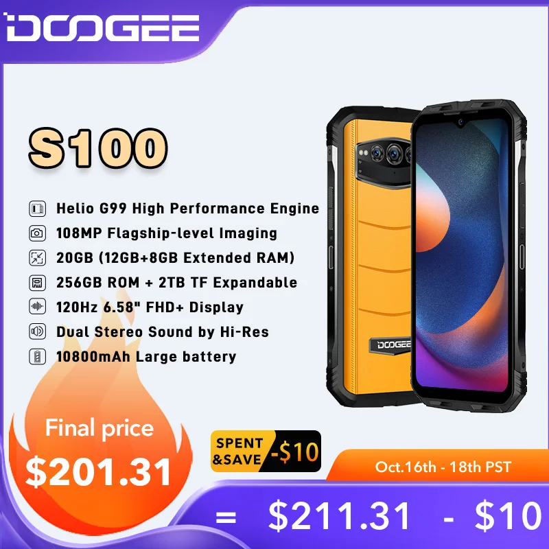 World Premiere Doogee S100 Rugged Phone 6.58 "108Mp Fotocamera Cellulare 12Gb + 256Gb 120Hz Helio G99 10800Mah Batteria 66W Ricarica Rapida