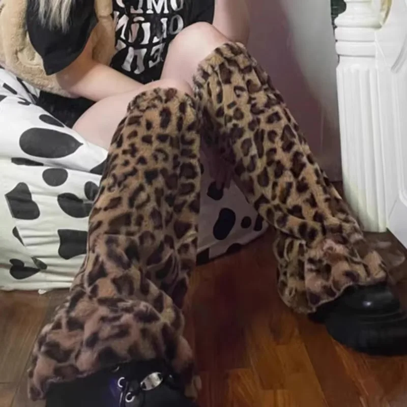 Плюшевые гетры с леопардовым узором теплые осенние и зимние плюшевые утепленные