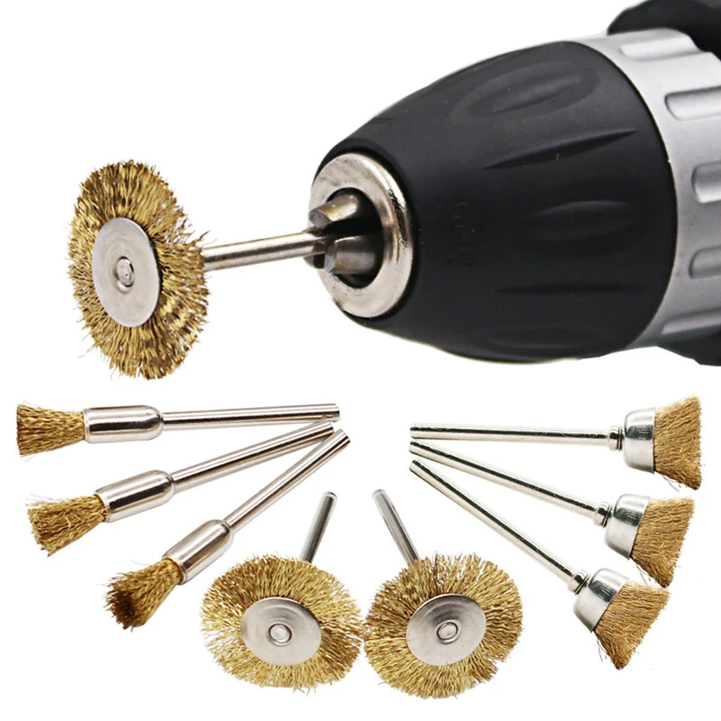 

9Pcs/set Steel Wire Brass Mini Brush Rotary Tool for Drill Polishing Grinding Wheel T-shaped Small Brush Accessories