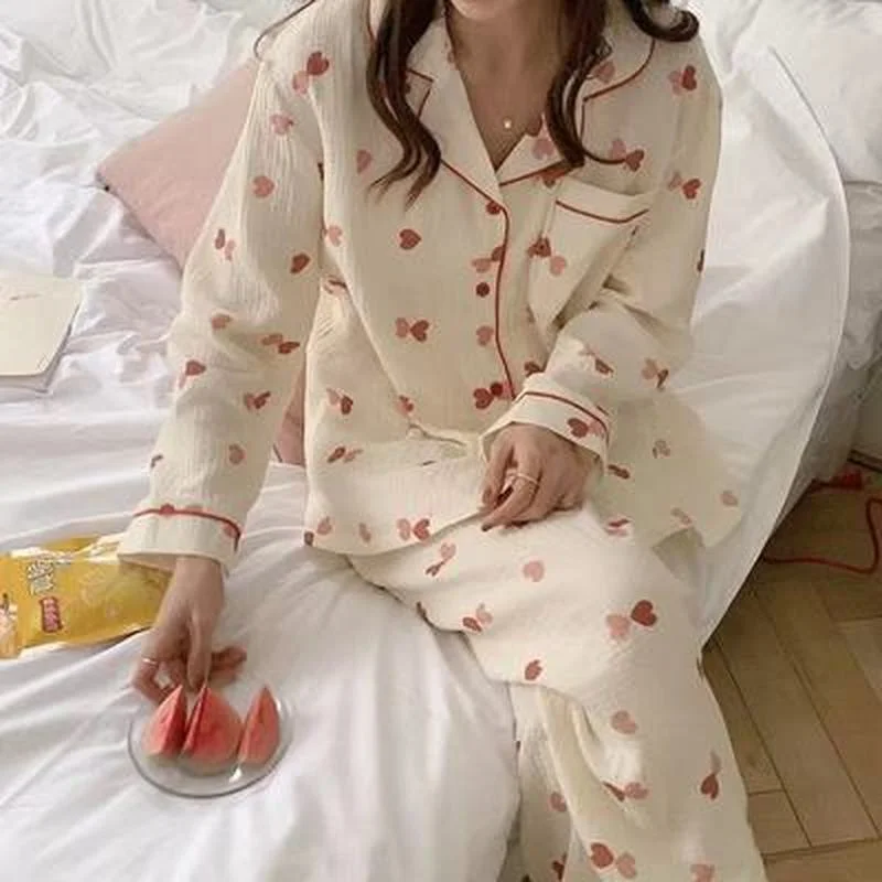 Пижама женская хлопковая Ранняя пижама с длинным рукавом осенняя комплект в