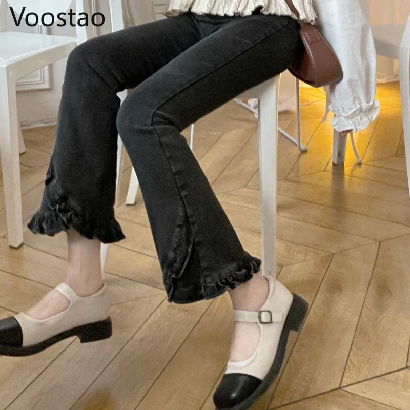 Брюки женские демисезонные из денима с оборками готические шикарные узкие