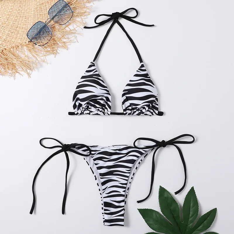 

Split Print Two-piece Swimsuit Women Halter Shoulder Lace Up Sexy Bra Thong Skirt Bikini 2023 New Beach Bathing Suit Swimwear