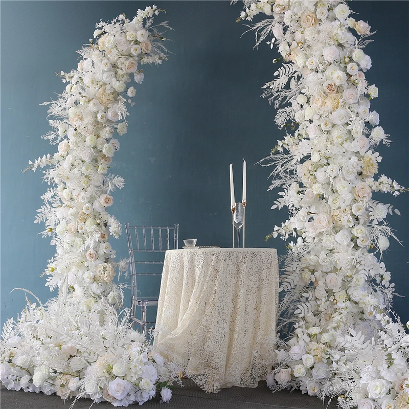 

Artificial Flower Rose White Flowers Row Arch Flower Arrangement Set Wedding Party Decoration Arc Moon Background Stand