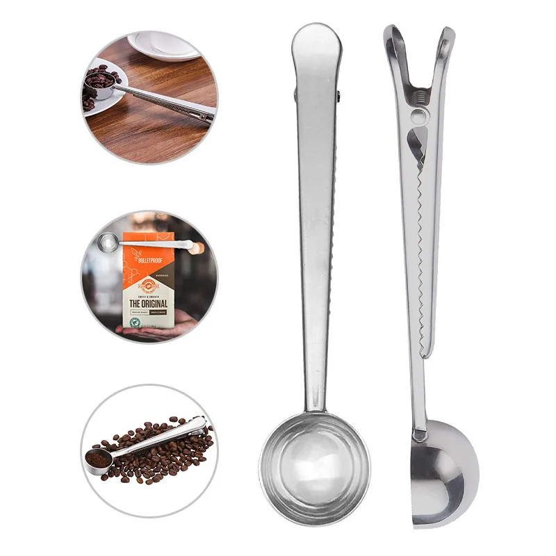 

1Pcs Multifunction Stainless Steel Food Spoon Milk Tea Ground Coffee Scoops Kitchen With Bag Clip Sealing Powder Drinkware Tools