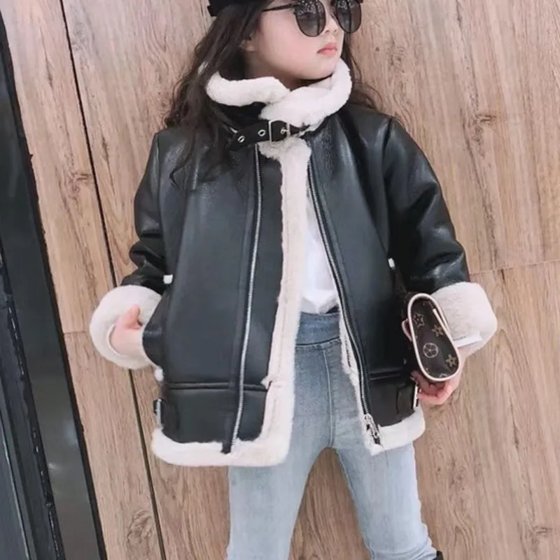 

New Girls Jacket Leather Motorcycle Kids Coats Fleece Children Jacket Winter Autumn BT015