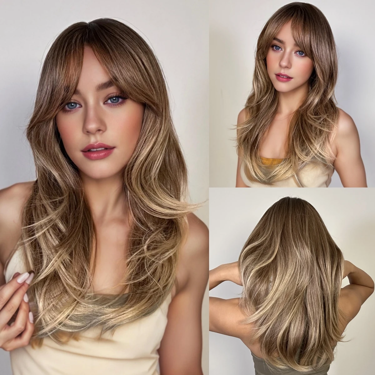 Коричневые длинные прямые многослойные синтетические парики с челкой Средние