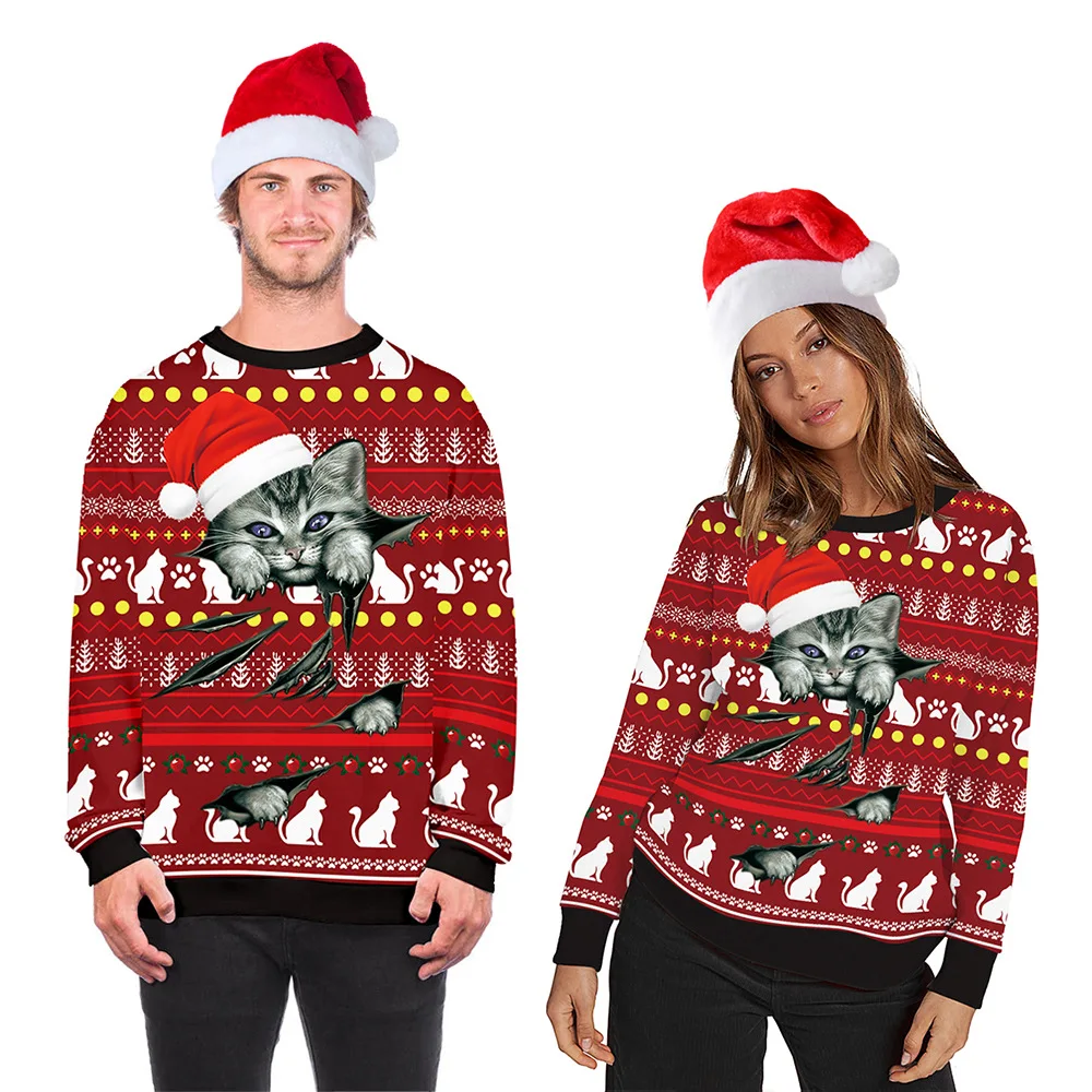 2022 Autumn New Cat Christmas Digital Printing Couple Dress Round Neck Pullover Long Sleeve Casual Sweater Winter Clothes Women