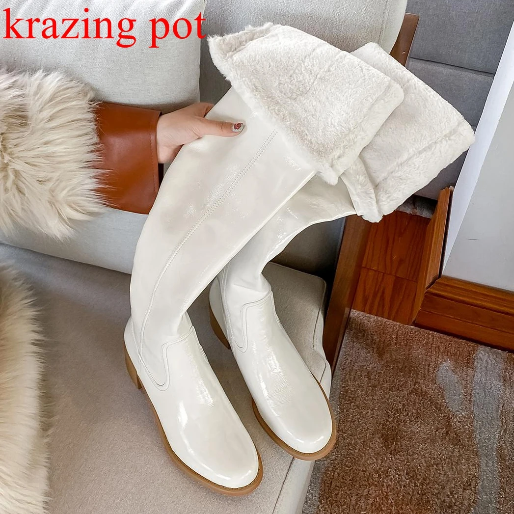 

Сапоги Krazing Pot из коровьей кожи, современные сапоги для верховой езды на толстом высоком каблуке, теплые зимние меховые сапоги выше колена в ...