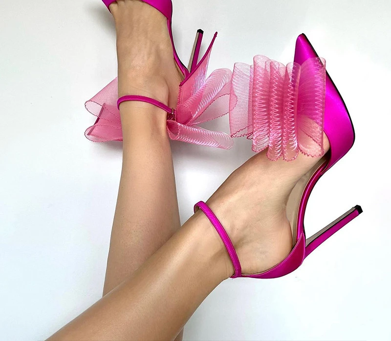 

2022 Pink Satin Wedding Shoes Bride Ladies Party Prom Shoes Tulle Bow Heels Designer Stiletto High Heels Women Pumps