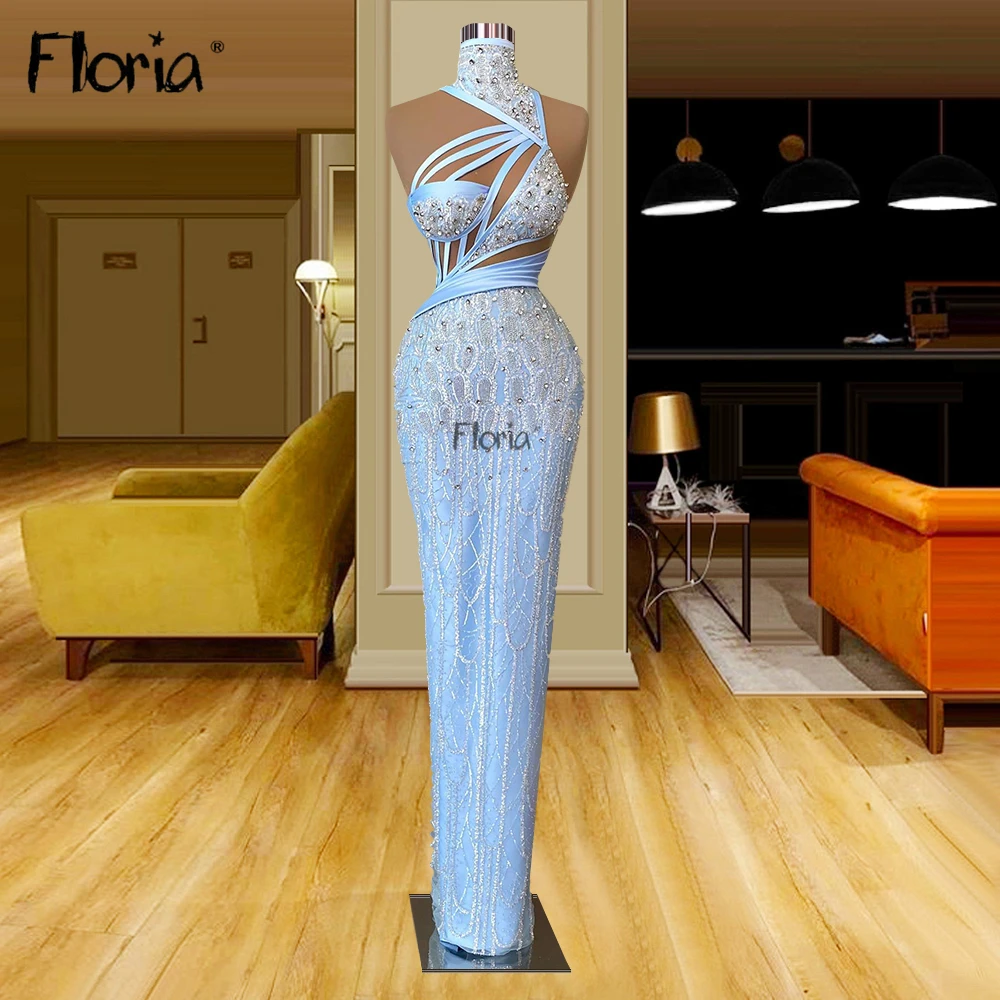 

Floria Beaded Mermaid High Neck Evening Dress Newest Off Shoulder Blue Formal Prom Party Gowns Custom Made Arabic