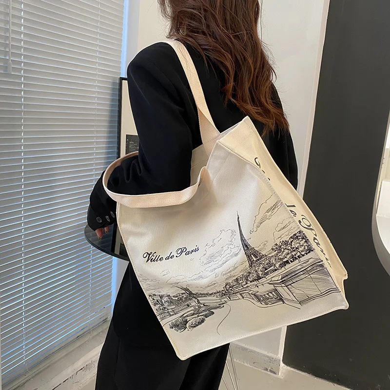 

Women Canvas Shoulder Bag Paris Eiffel Tower Shopping Bags Students Books Bags Female Cloth Handbags Shopper Thick Cotton Tote