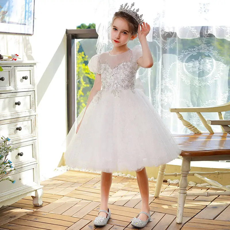 

White Sequins O-Neck Ball Gown Short Sleeves Pleat Knee-Length Bow Kids Party Communion Dresses Girl Dresses For Weddings A2309