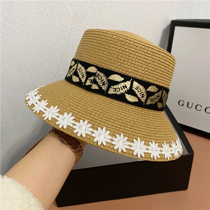 

Lace Web Celebrity Bucket Hat Female Golden Leaf Ribbon Straw Fisherman Hat Shading Outdoor Summer Sun Straw Hat Fashion Elegant