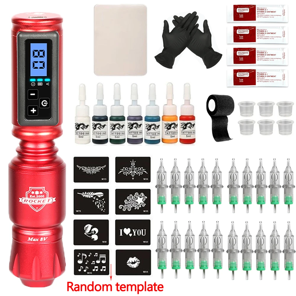 Rocket Mini Tattoo Machine Set Complete Professional Rotary Pen Kit LCD Screen Tattoo Power Supply Battery Ink Suit Body Art