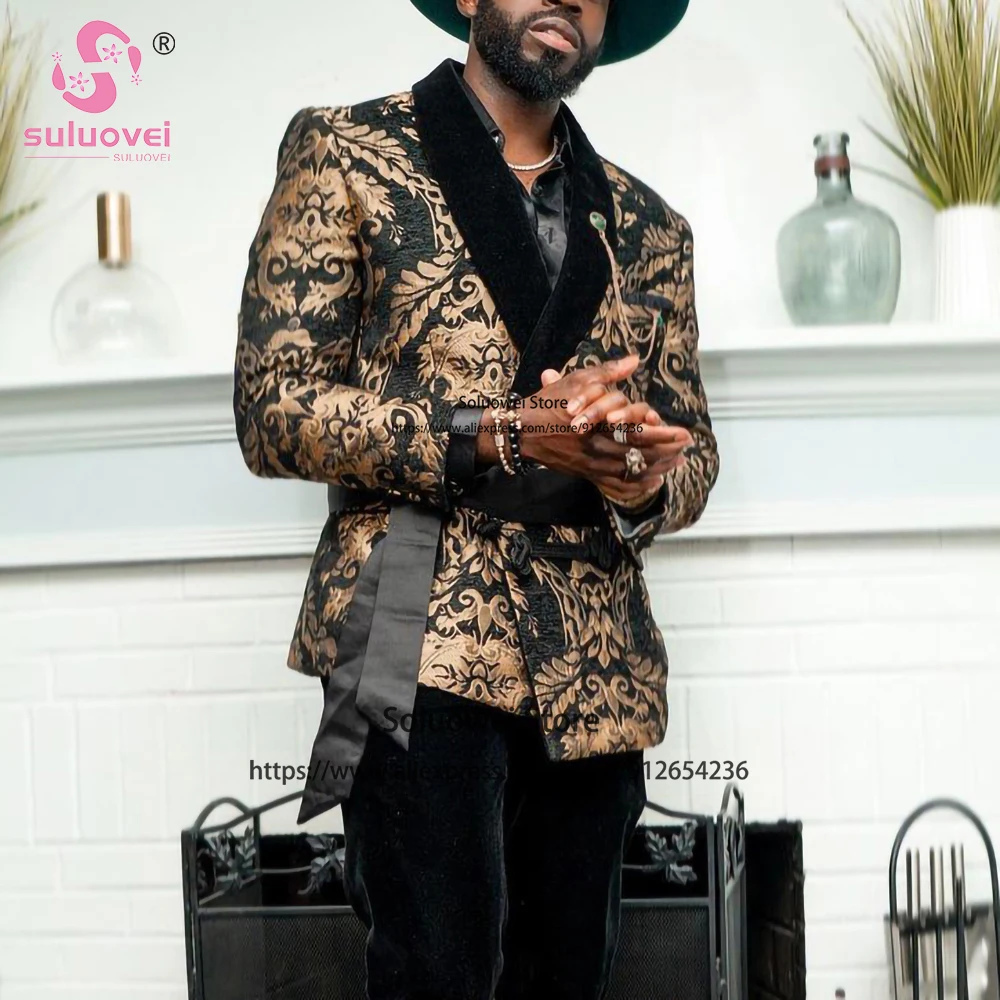 

Classic Floral Jacquard African Groom Wedding Tuxedos Suits For Men Custom Made 2 Piece Pants Set Formal Dinner Blazer Masculino