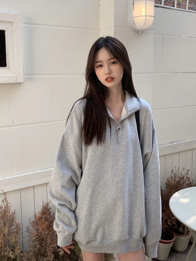 

Casual Oversized Sweatshirts Women Korean Fashion Kpop Polo Collar Grey Solid Pullovers Autumn Streetwear