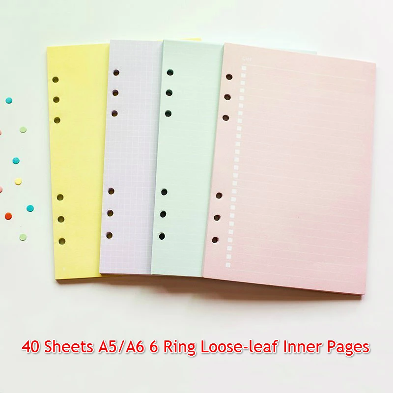 

A5/A6 40sheets 6 Ring Loose-leaf Notebook Colorful Inner Paper Refilling Papers Handbook Daily Monthly Planner Core Supply