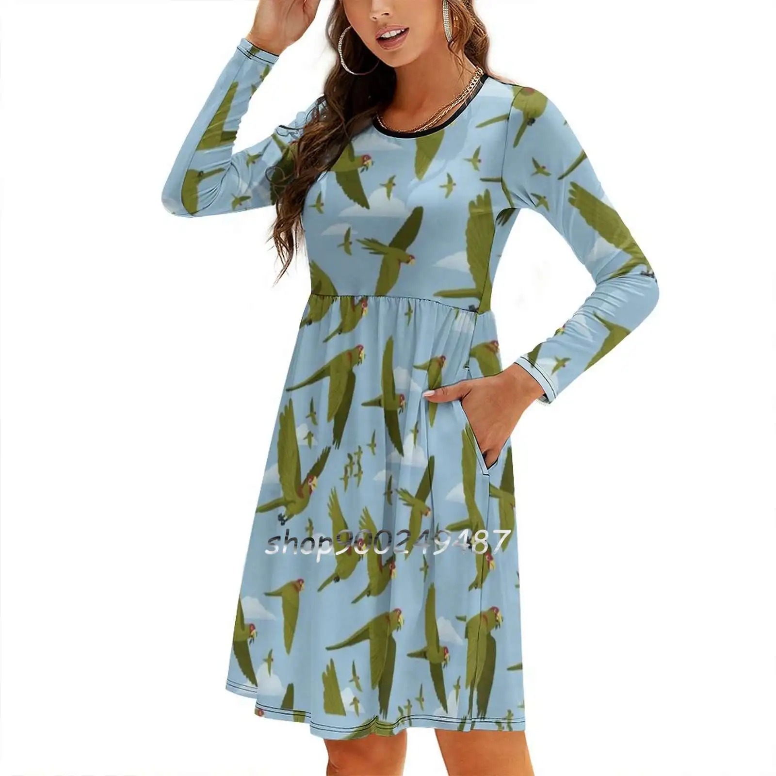 Parakeet Migration Dresses For Women A-Line Korea Style Slim Long Sleeve Dress Parrot Bird Nature Tropical Cute San