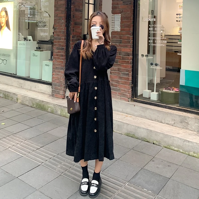 

Женское вельветовое платье с длинным рукавом, черное повседневное длинное платье большого размера в винтажном французском стиле, Осень-зима