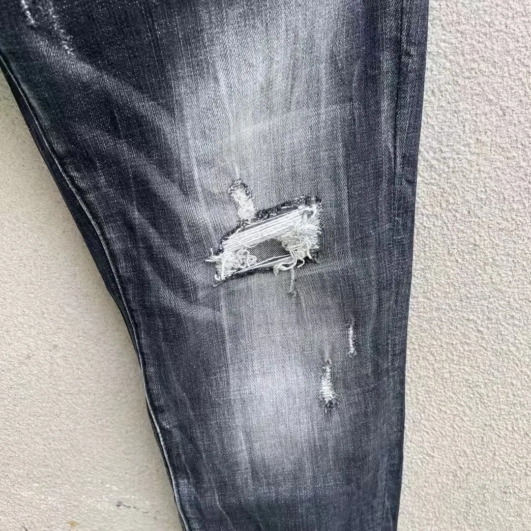 2023 Spring/Summer New D2 Jeans Fashionable Slim Fit Micro Elastic Hole Patch Simple Versatile Trendy Men's Pants